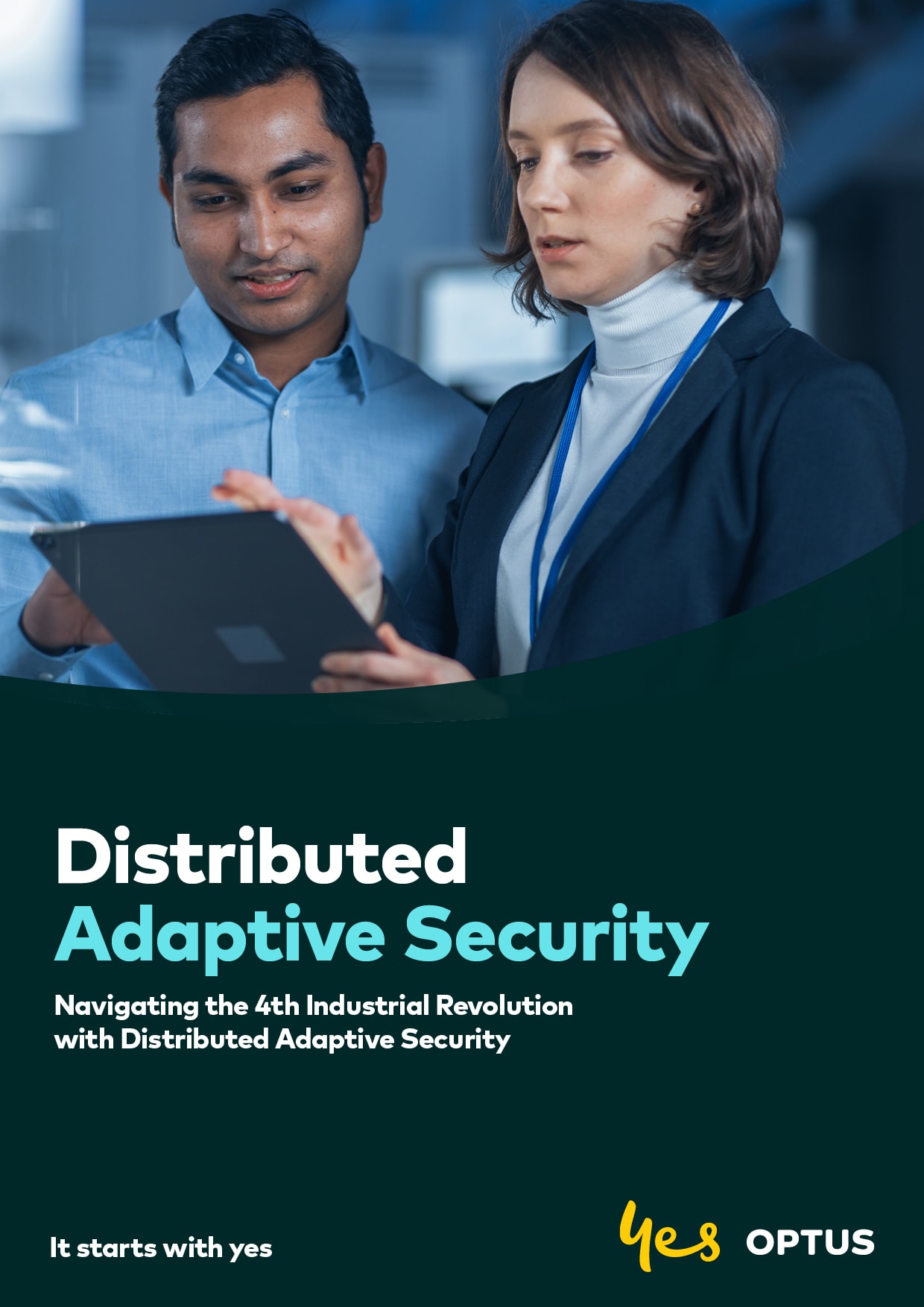 Two people looking at a mobile tablet concerned. Text overlay states: Navigating the 4th Industrial Revolution with Distributed Adaptive Security